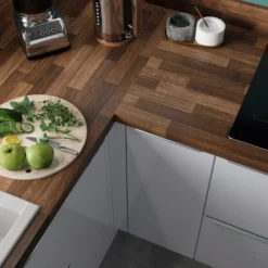 GoodHome 38mm Kabsa Matt Walnut Effect Chipboard & Laminate Post-formed Kitchen Worktop, (L)3000mm -Goodhome goodhome 38mm kabsa matt walnut effect chipboard laminate post formed kitchen worktop l 3000mm5059340251752 01i