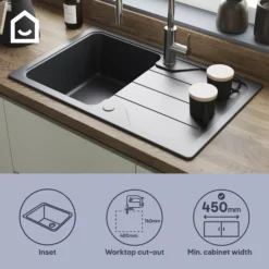 GoodHome Fatali Black Composite Quartz 1 Bowl Sink & Drainer (W)500mm X (L)780mm -Goodhome goodhome fatali black composite quartz 1 bowl sink drainer w 500mm x l 780mm5059340458366 41i EN