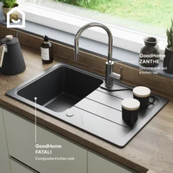 GoodHome Fatali Black Composite Quartz 1 Bowl Sink & Drainer (W)500mm X (L)780mm -Goodhome goodhome fatali black composite quartz 1 bowl sink drainer w 500mm x l 780mm5059340458366 45i EN