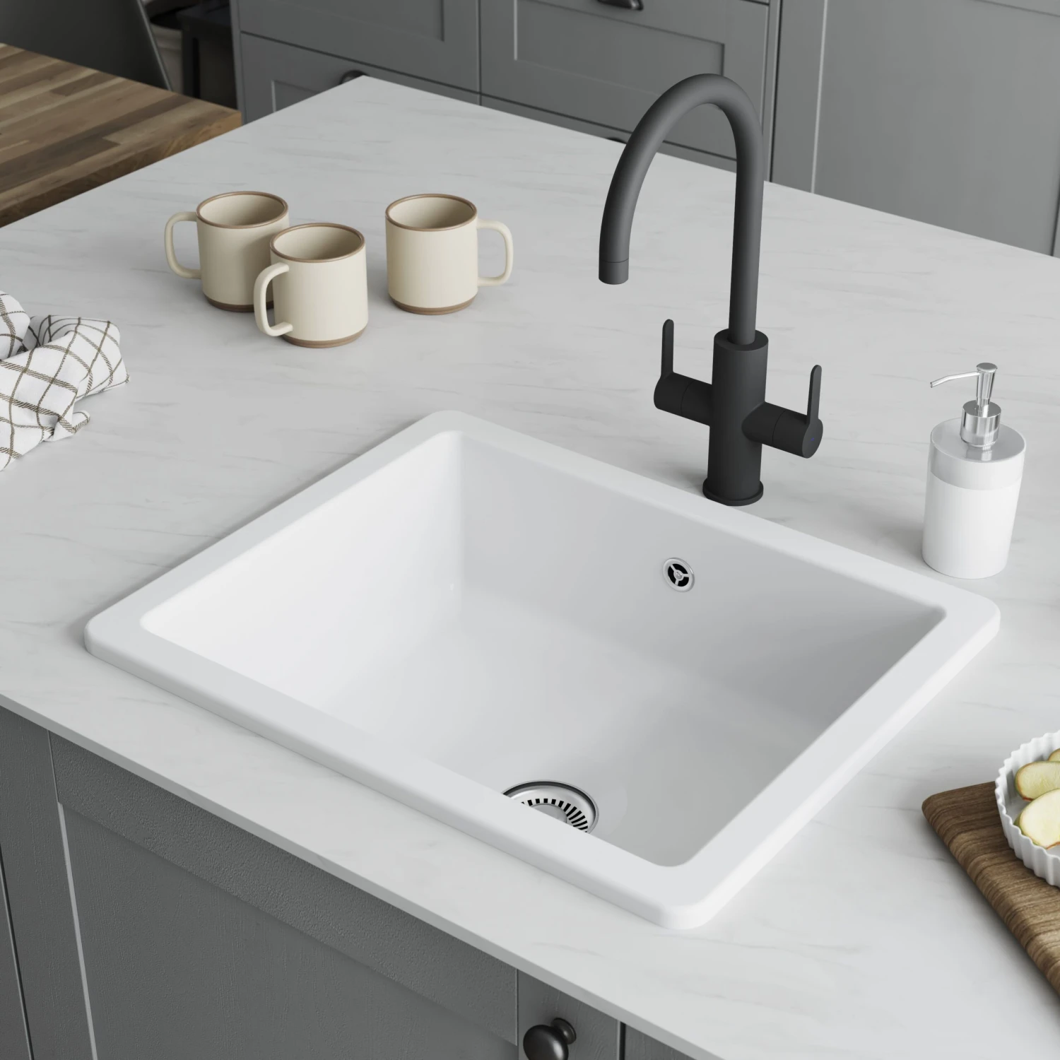 GoodHome Hyssop White Ceramic 1 Bowl Kitchen Sink (W)460mm X (L)565mm 3 GoodHome Hyssop White Ceramic 1 Bowl Kitchen Sink (W)460mm X (L)565mm - Image 3