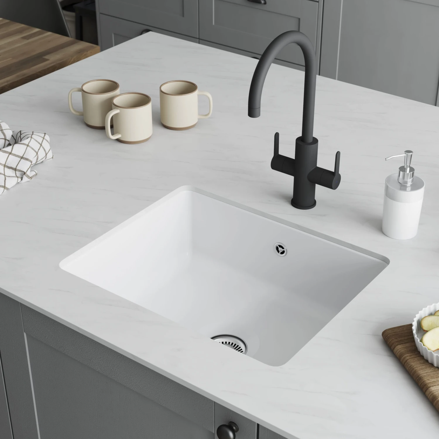 GoodHome Hyssop White Ceramic 1 Bowl Kitchen Sink (W)460mm X (L)565mm 4 GoodHome Hyssop White Ceramic 1 Bowl Kitchen Sink (W)460mm X (L)565mm - Image 4