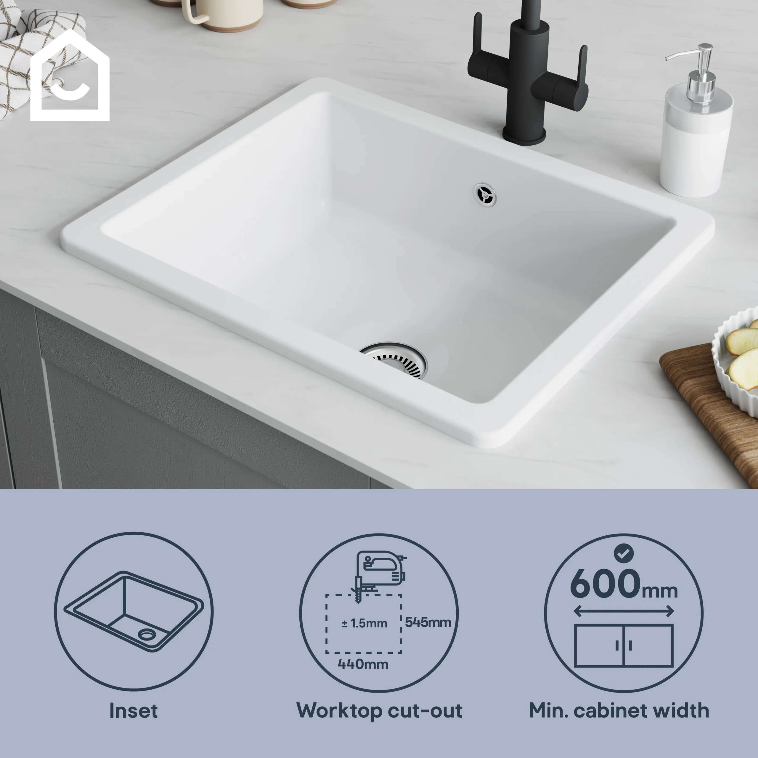 GoodHome Hyssop White Ceramic 1 Bowl Kitchen Sink (W)460mm X (L)565mm 10 GoodHome Hyssop White Ceramic 1 Bowl Kitchen Sink (W)460mm X (L)565mm - Image 10