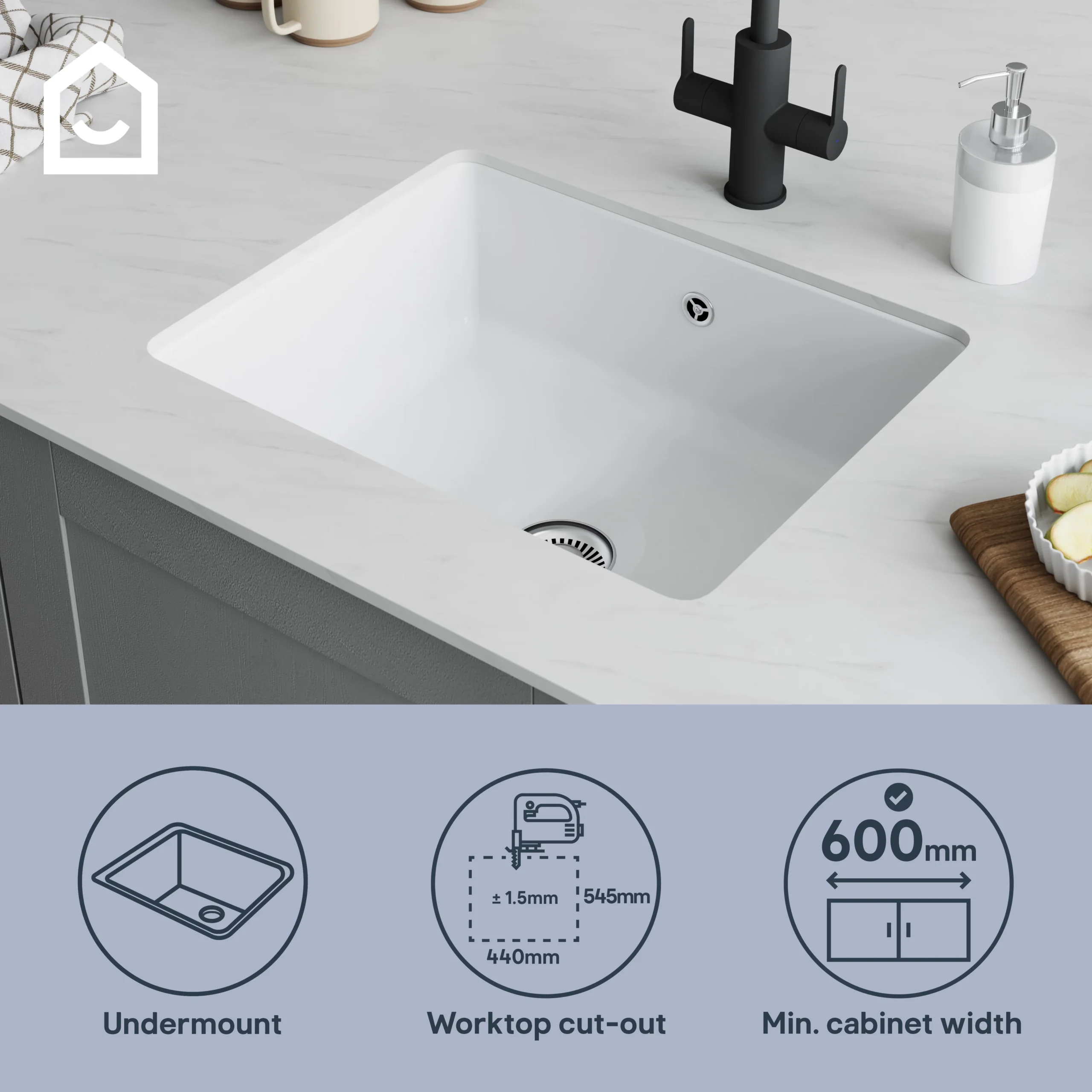 GoodHome Hyssop White Ceramic 1 Bowl Kitchen Sink (W)460mm X (L)565mm 11 GoodHome Hyssop White Ceramic 1 Bowl Kitchen Sink (W)460mm X (L)565mm - Image 11