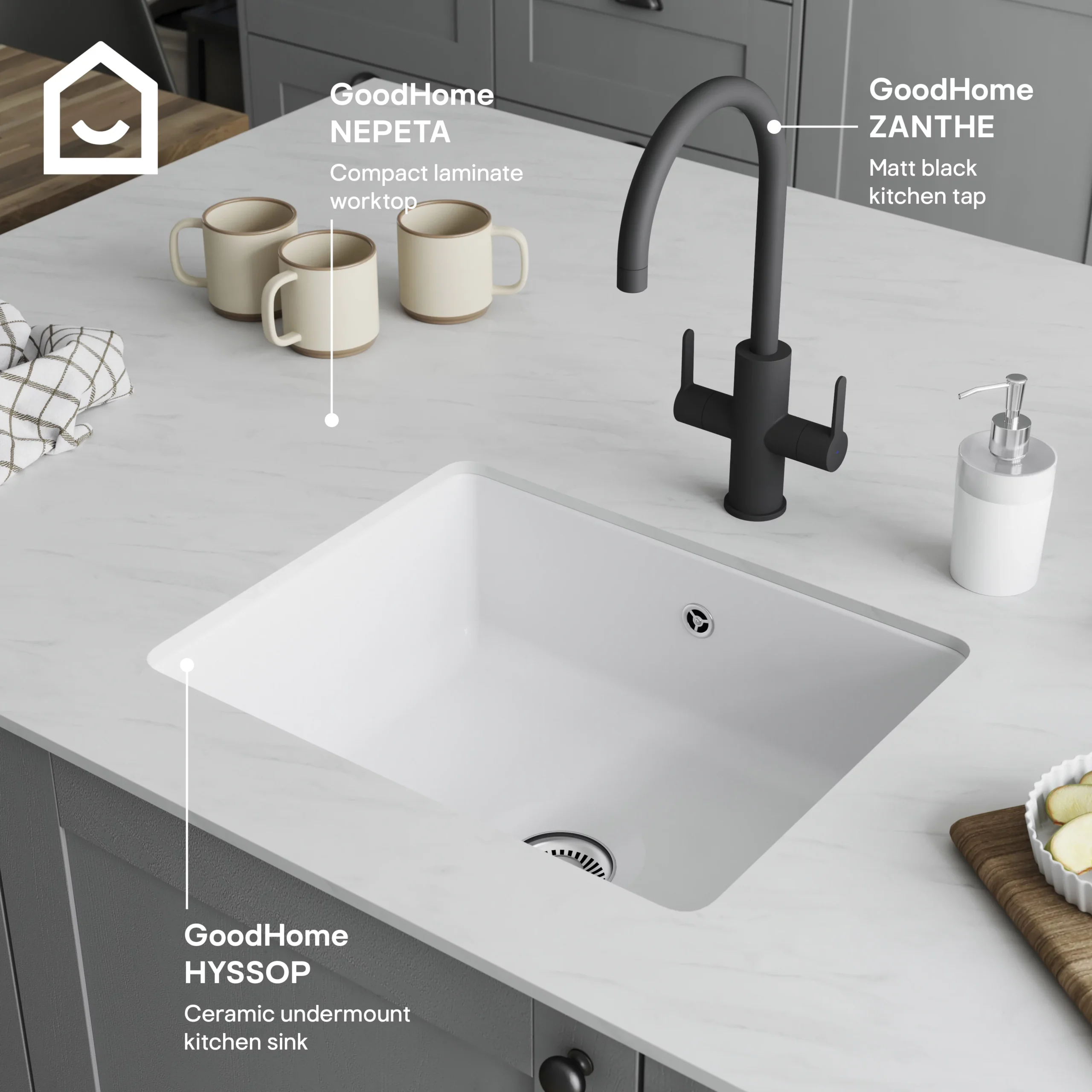 GoodHome Hyssop White Ceramic 1 Bowl Kitchen Sink (W)460mm X (L)565mm 7 GoodHome Hyssop White Ceramic 1 Bowl Kitchen Sink (W)460mm X (L)565mm - Image 7