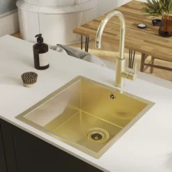 GoodHome Koseret Brushed Brass Stainless Steel 1 Bowl Kitchen Sink (W)430mm X (L)450mm -Goodhome goodhome koseret brushed brass stainless steel 1 bowl kitchen sink w 430mm x l 450mm5059340458373 01i