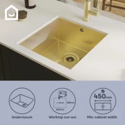GoodHome Koseret Brushed Brass Stainless Steel 1 Bowl Kitchen Sink (W)430mm X (L)450mm -Goodhome goodhome koseret brushed brass stainless steel 1 bowl kitchen sink w 430mm x l 450mm5059340458373 42i EN