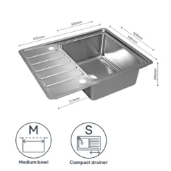 GoodHome Quassia Brushed Stainless Steel 1 Bowl Sink & Drainer With Compact Drainer (W)505mm X (L)635mm -Goodhome goodhome quassia brushed stainless steel 1 bowl sink drainer with compact drainer w 505mm x l 635mm5059340458342 71c EN