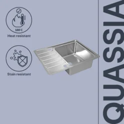 GoodHome Quassia Brushed Stainless Steel 1 Bowl Sink & Drainer With Compact Drainer (W)505mm X (L)635mm -Goodhome goodhome quassia brushed stainless steel 1 bowl sink drainer with compact drainer w 505mm x l 635mm5059340458342 75c EN
