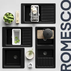 GoodHome Romesco Black Composite Quartz 1 Bowl Kitchen Sink (W)515mm X (L)562mm -Goodhome goodhome romesco black composite quartz 1 bowl kitchen sink w 515mm x l 562mm5059340458496 46i