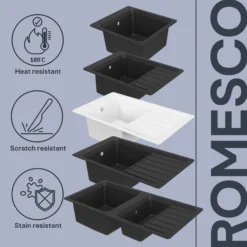 GoodHome Romesco Black Composite Quartz 1 Bowl Kitchen Sink (W)515mm X (L)562mm -Goodhome goodhome romesco black composite quartz 1 bowl kitchen sink w 515mm x l 562mm5059340458502 75c EN