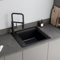 GoodHome Romesco Black Composite Quartz 1 Bowl Kitchen Sink (W)515mm X (L)562mm -Goodhome goodhome romesco black composite quartz 1 bowl kitchen sink w 515mm x l 562mm5059340458731 01i