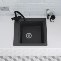 GoodHome Romesco Black Composite Quartz 1 Bowl Kitchen Sink (W)515mm X (L)562mm -Goodhome goodhome romesco black composite quartz 1 bowl kitchen sink w 515mm x l 562mm5059340458731 02i