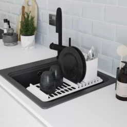 GoodHome Romesco Black Composite Quartz 1 Bowl Kitchen Sink (W)515mm X (L)562mm -Goodhome goodhome romesco black composite quartz 1 bowl kitchen sink w 515mm x l 562mm5059340458731 06i