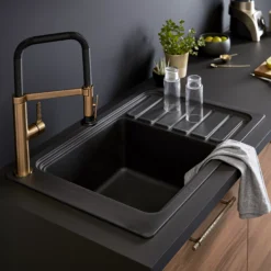 GoodHome Romesco Black Composite Quartz 1 Bowl Sink & Drainer (W)516mm X (L)773mm -Goodhome goodhome romesco black composite quartz 1 bowl sink drainer w 516mm x l 773mm3663602791973 01i