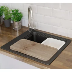 GoodHome Romesco Black Quartz Composite Rectangular 1 Bowl Composite Sink (W)511mm -Goodhome goodhome romesco black quartz composite rectangular 1 bowl composite sink w 511mm3663602791966 09bq