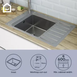GoodHome Romesco Brushed Stainless Steel 1 Bowl Kitchen Sink With Compact Drainer (W)510mm X (L)770mm -Goodhome goodhome romesco brushed stainless steel 1 bowl kitchen sink with compact drainer w 510mm x l 770mm5059340458762 41i EN