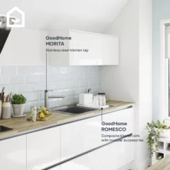 GoodHome Romesco Brushed Stainless Steel 1 Bowl Kitchen Sink With Compact Drainer (W)510mm X (L)770mm -Goodhome goodhome romesco brushed stainless steel 1 bowl kitchen sink with compact drainer w 510mm x l 770mm5059340458762 45i EN