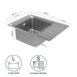 GoodHome Romesco Brushed Stainless Steel 1 Bowl Kitchen Sink With Compact Drainer (W)510mm X (L)770mm -Goodhome goodhome romesco brushed stainless steel 1 bowl kitchen sink with compact drainer w 510mm x l 770mm5059340458762 71c EN