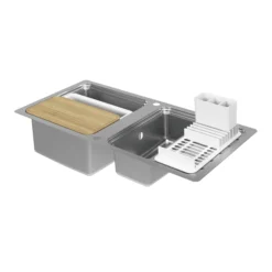 GoodHome Romesco Brushed Stainless Steel 2 Bowl Kitchen Sink With Compact Drainer (W)510mm X (L)1050mm -Goodhome goodhome romesco brushed stainless steel 2 bowl kitchen sink with compact drainer w 510mm x l 1050mm5059340458489 01c