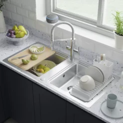 GoodHome Romesco Brushed Stainless Steel 2 Bowl Kitchen Sink With Compact Drainer (W)510mm X (L)1050mm -Goodhome goodhome romesco brushed stainless steel 2 bowl kitchen sink with compact drainer w 510mm x l 1050mm5059340458489 01i