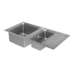 GoodHome Romesco Brushed Stainless Steel 2 Bowl Kitchen Sink With Compact Drainer (W)510mm X (L)1050mm -Goodhome goodhome romesco brushed stainless steel 2 bowl kitchen sink with compact drainer w 510mm x l 1050mm5059340458489 03c