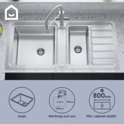 GoodHome Romesco Brushed Stainless Steel 2 Bowl Kitchen Sink With Compact Drainer (W)510mm X (L)1050mm -Goodhome goodhome romesco brushed stainless steel 2 bowl kitchen sink with compact drainer w 510mm x l 1050mm5059340458489 41i EN