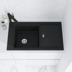 GoodHome Romesco Linea Black Granite 1 Bowl Sink & Drainer (W)515mm X (L)880mm -Goodhome goodhome romesco linea black granite 1 bowl sink drainer w 515mm x l 880mm5059340458533 02i