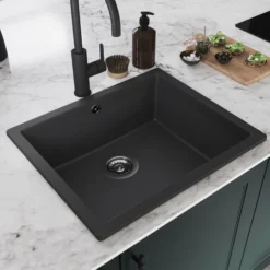 GoodHome Sorrel Black Composite Quartz 1 Bowl Kitchen Sink (W)550mm X (L)460mm -Goodhome goodhome sorrel black composite quartz 1 bowl kitchen sink w 550mm x l 460mm5059340458410 03i