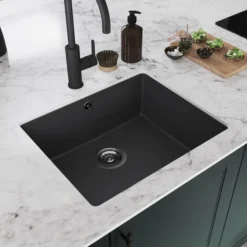 GoodHome Sorrel Black Composite Quartz 1 Bowl Kitchen Sink (W)550mm X (L)460mm -Goodhome goodhome sorrel black composite quartz 1 bowl kitchen sink w 550mm x l 460mm5059340458410 04i