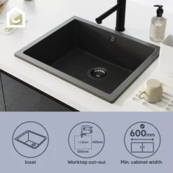 GoodHome Sorrel Black Composite Quartz 1 Bowl Kitchen Sink (W)550mm X (L)460mm -Goodhome goodhome sorrel black composite quartz 1 bowl kitchen sink w 550mm x l 460mm5059340458410 41i EN