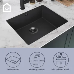 GoodHome Sorrel Black Composite Quartz 1 Bowl Kitchen Sink (W)550mm X (L)460mm -Goodhome goodhome sorrel black composite quartz 1 bowl kitchen sink w 550mm x l 460mm5059340458410 42i EN