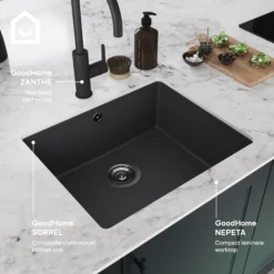 GoodHome Sorrel Black Composite Quartz 1 Bowl Kitchen Sink (W)550mm X (L)460mm -Goodhome goodhome sorrel black composite quartz 1 bowl kitchen sink w 550mm x l 460mm5059340458410 45i EN