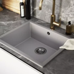 GoodHome Sorrel Grey Composite Quartz 1 Bowl Kitchen Sink (W)550mm X (L)460mm -Goodhome goodhome sorrel grey composite quartz 1 bowl kitchen sink w 550mm x l 460mm5059340458434 03i