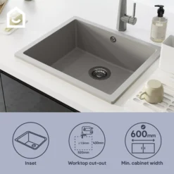 GoodHome Sorrel Grey Composite Quartz 1 Bowl Kitchen Sink (W)550mm X (L)460mm -Goodhome goodhome sorrel grey composite quartz 1 bowl kitchen sink w 550mm x l 460mm5059340458434 41i EN