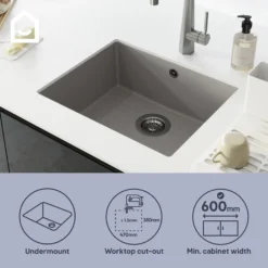 GoodHome Sorrel Grey Composite Quartz 1 Bowl Kitchen Sink (W)550mm X (L)460mm -Goodhome goodhome sorrel grey composite quartz 1 bowl kitchen sink w 550mm x l 460mm5059340458434 42i EN