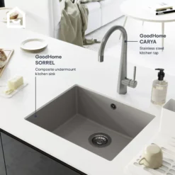 GoodHome Sorrel Grey Composite Quartz 1 Bowl Kitchen Sink (W)550mm X (L)460mm -Goodhome goodhome sorrel grey composite quartz 1 bowl kitchen sink w 550mm x l 460mm5059340458434 45i EN