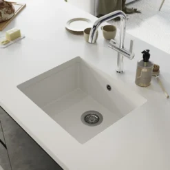 GoodHome Sorrel White Composite Quartz 1 Bowl Kitchen Sink (W)550mm X (L)460mm -Goodhome goodhome sorrel white composite quartz 1 bowl kitchen sink w 550mm x l 460mm5059340458427 02i
