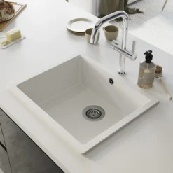 GoodHome Sorrel White Composite Quartz 1 Bowl Kitchen Sink (W)550mm X (L)460mm -Goodhome goodhome sorrel white composite quartz 1 bowl kitchen sink w 550mm x l 460mm5059340458427 03i