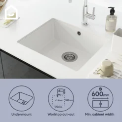 GoodHome Sorrel White Composite Quartz 1 Bowl Kitchen Sink (W)550mm X (L)460mm -Goodhome goodhome sorrel white composite quartz 1 bowl kitchen sink w 550mm x l 460mm5059340458427 42i EN