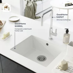 GoodHome Sorrel White Composite Quartz 1 Bowl Kitchen Sink (W)550mm X (L)460mm -Goodhome goodhome sorrel white composite quartz 1 bowl kitchen sink w 550mm x l 460mm5059340458427 45i EN